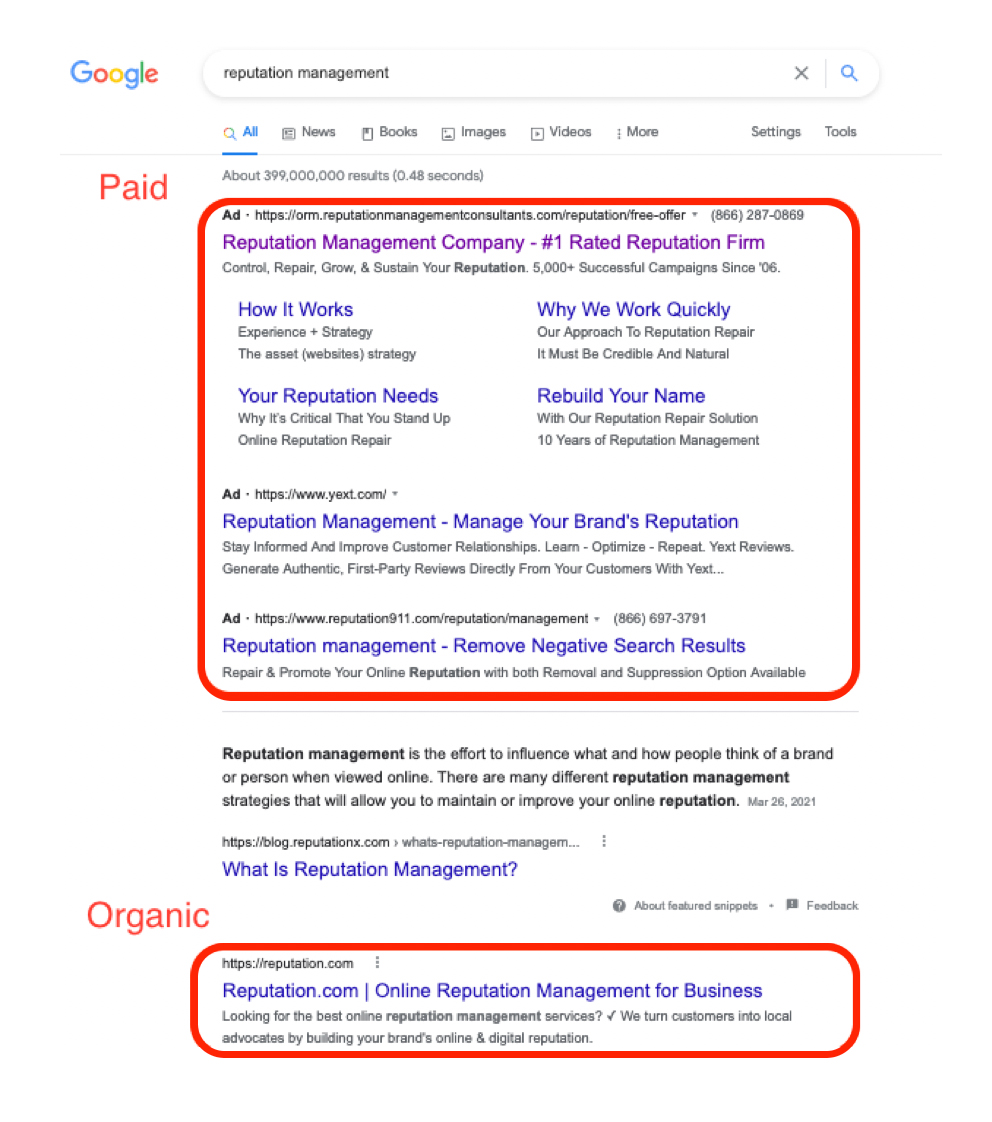 SEO and SEM example in Google search engine